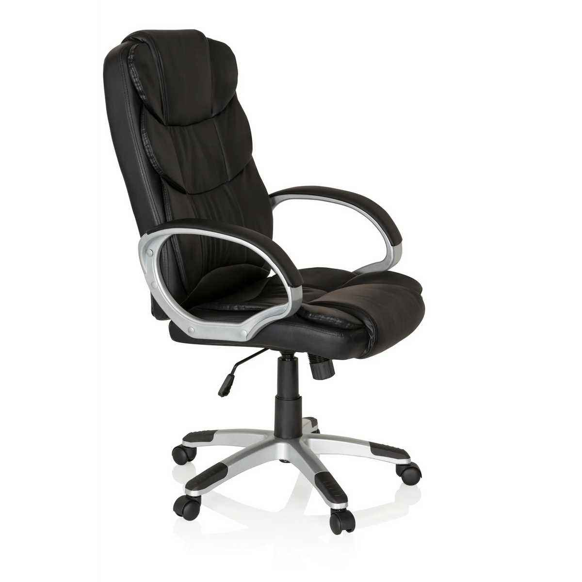 Black Home Office Executive Chair RELAX BY155 with armrests and five-caster base by MyBuero – 360-degree view (front three-quarter view 60°)