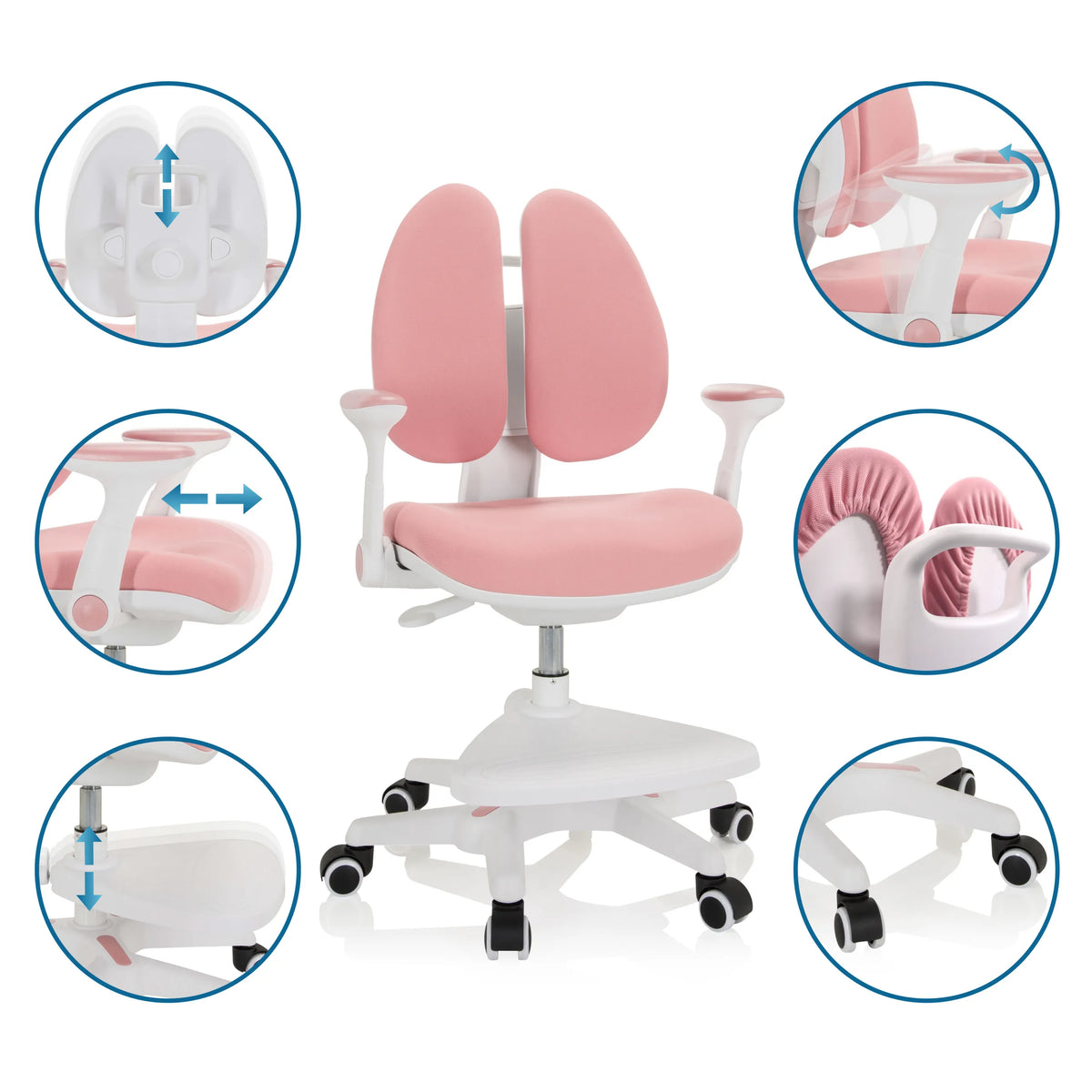 Pink children's chair KID WING with various adjustment options for backrest, armrests and seat height by hjh OFFICE