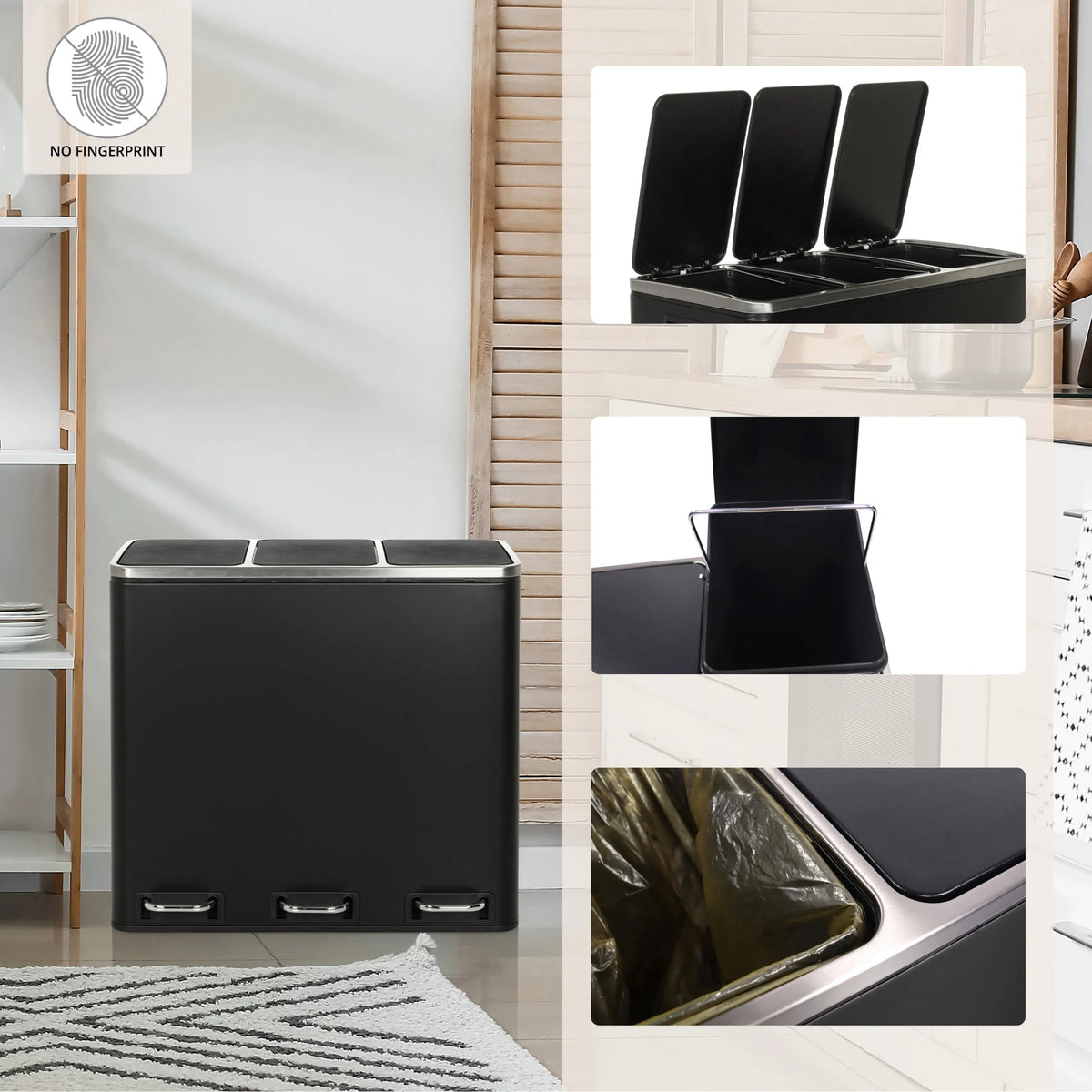 Black wastepaper bin Clean 9 with silver lid next to a desk by hjh OFFICE
