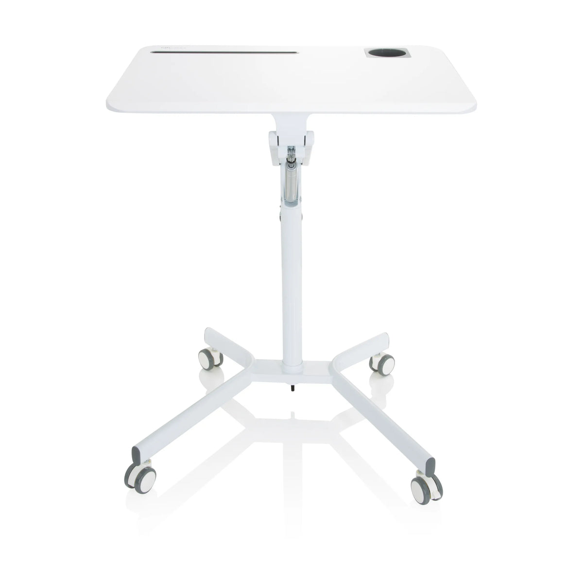 White standing desk STAND VM-SU I with height-adjustable leg and five-caster star base by hjh OFFICE – 360-degree view (front view 0°)