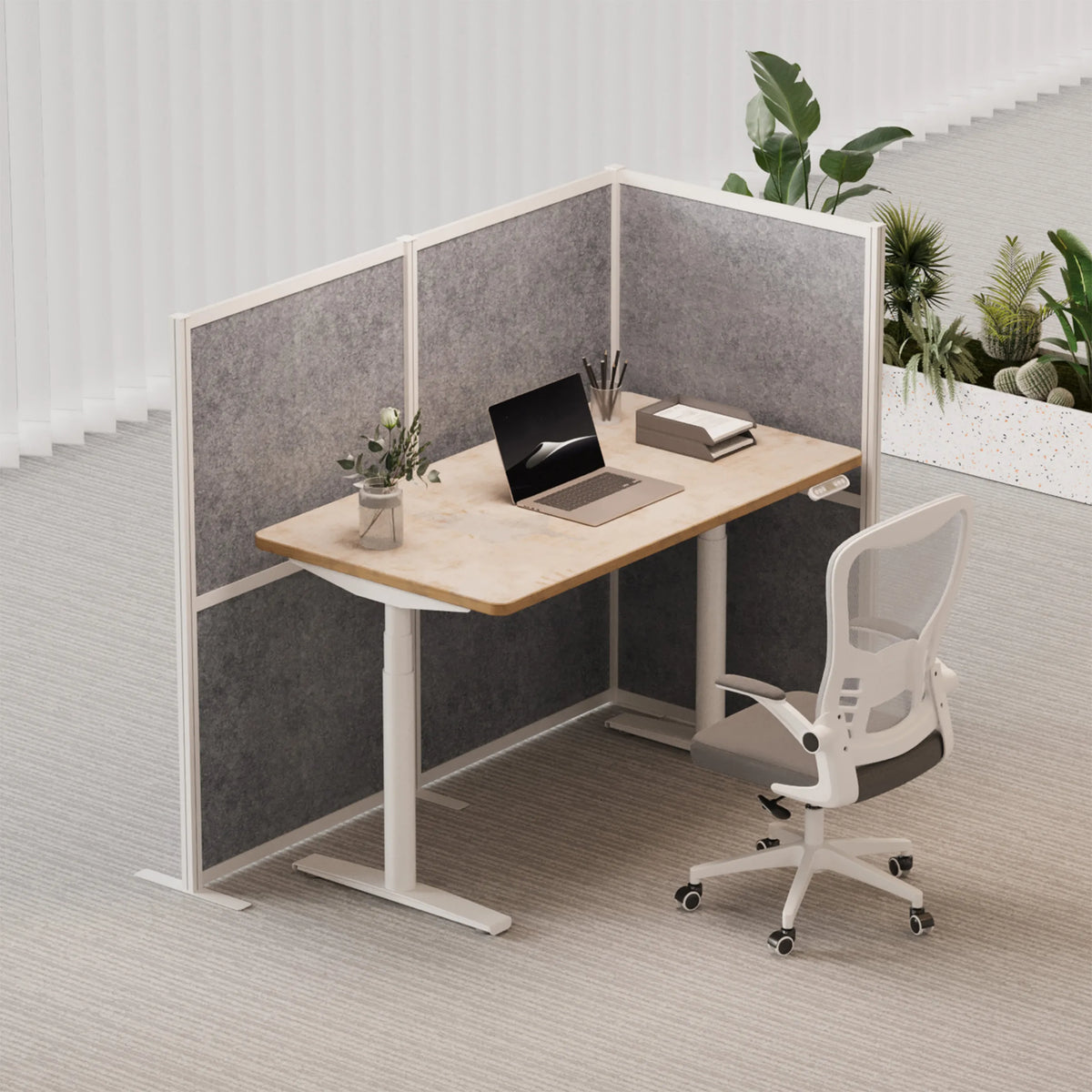 Grey Flexmiut Modul L partition walls as a privacy screen at a desk with an office chair by hjh OFFICE