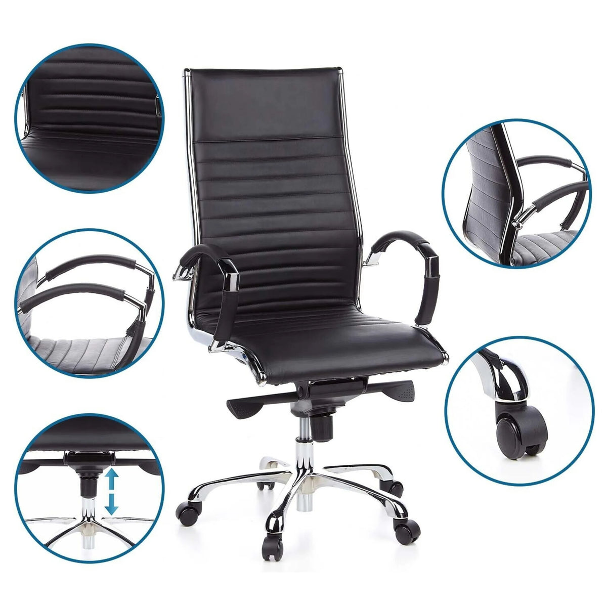 Black Professional Executive Chair PARMA 20 with detail views of upholstery, armrests, gas lift and castors by hjh OFFICE