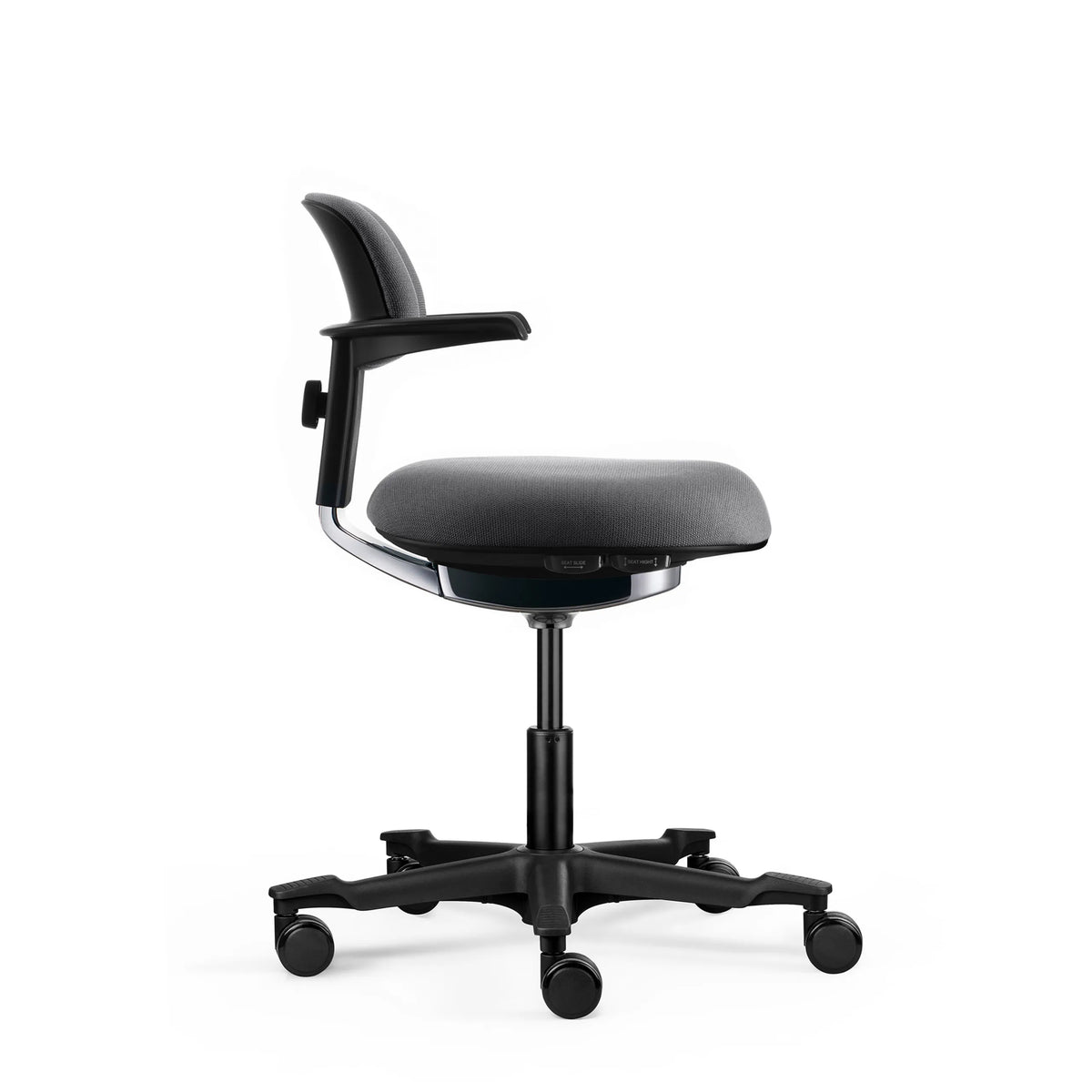 Dark grey WORK 40 work chair with armrests and five castors against a white background by hjh OFFICE
