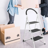 White Folding Ladder SOLID W2 with three steps and a black safety handle by hjh OFFICE