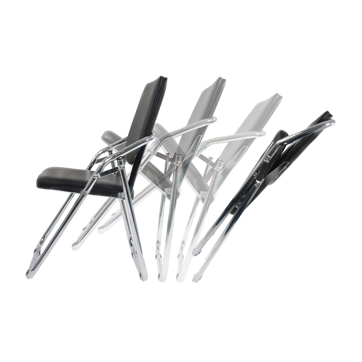 Four black ESTO folding chairs with chrome frames in a staggered arrangement by hjh OFFICE