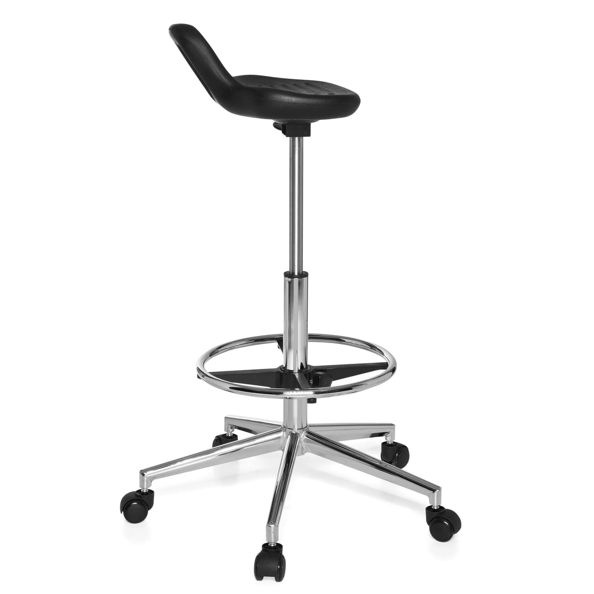 Black Swivel stool TOP WORK 03 with foot ring and five-caster base by hjh OFFICE – 360-degree view (side profile 100°)