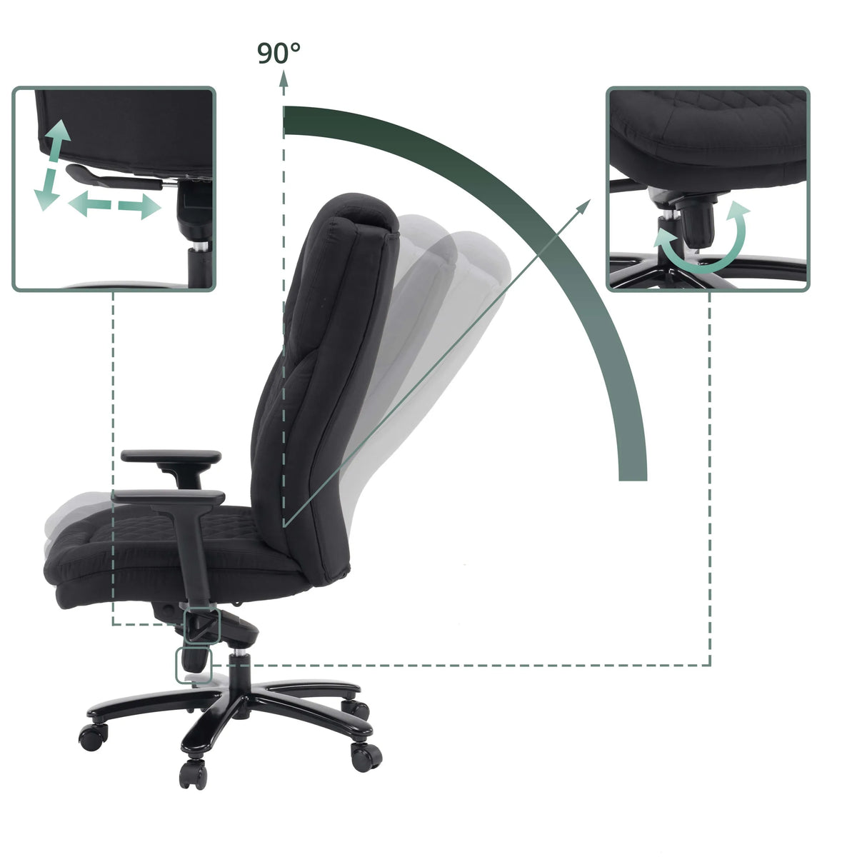 Adjustment mechanisms and 90 degree backrest tilt of the XXL Pullmann Gen2 swivel chair by hjh OFFICE
