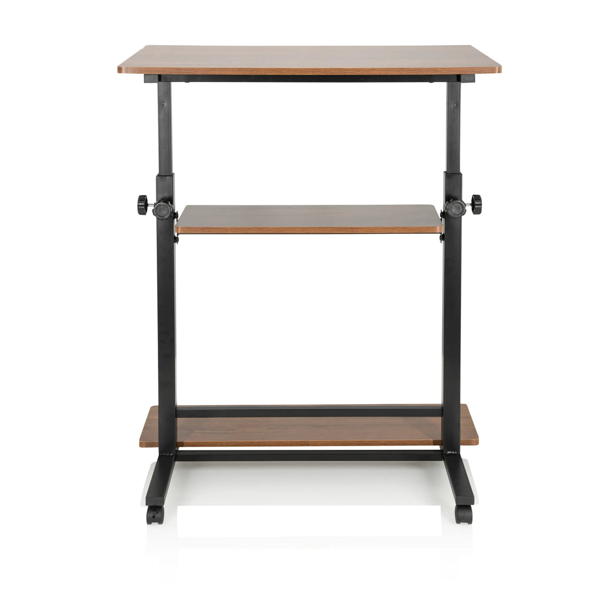Black walnut finish Standing desk WORKSTATION II with two shelves and casters by hjh OFFICE – 360-degree view (front view 0°)
