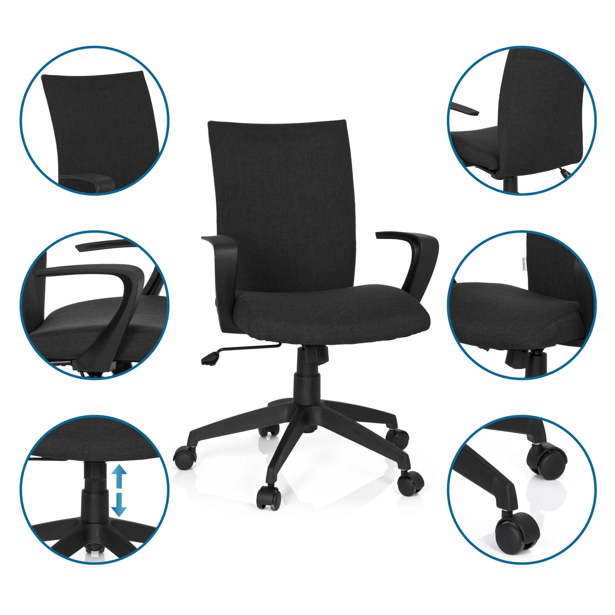 Home Office Chair SOFT in black with detailed views of the armrest, gas spring and castors by hjh OFFICE