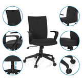 Home Office Chair SOFT in black with detailed views of the armrest, gas spring and castors by hjh OFFICE