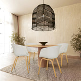 Four white OSLO W shell chairs with light wooden legs at a round table by hjh LIVING