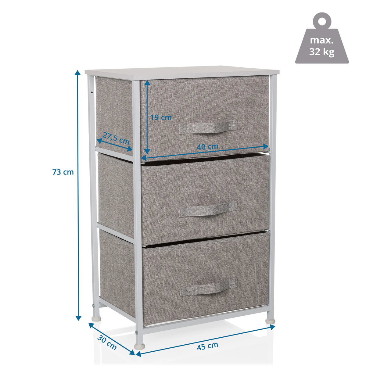 Dimensional drawing of the Chest of drawers FOLDRESS M with a height of 73 cm and a maximum load of 32 kg by hjh LIVING