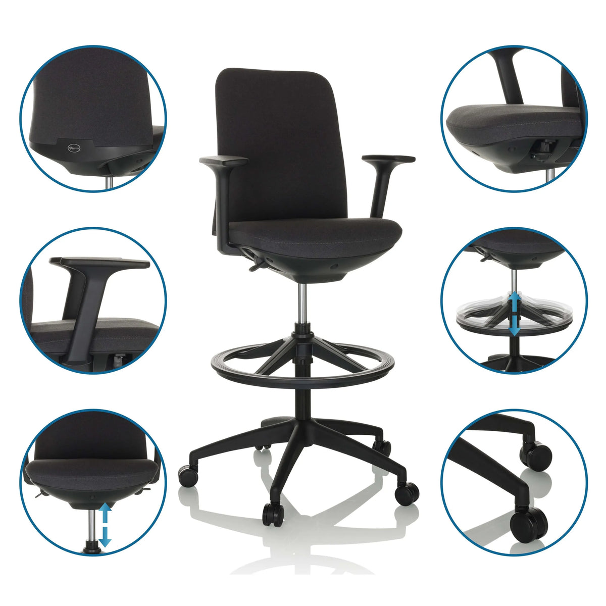 Black Counter chair NESTORA WORK with footring, armrests and castors by hjh OFFICE