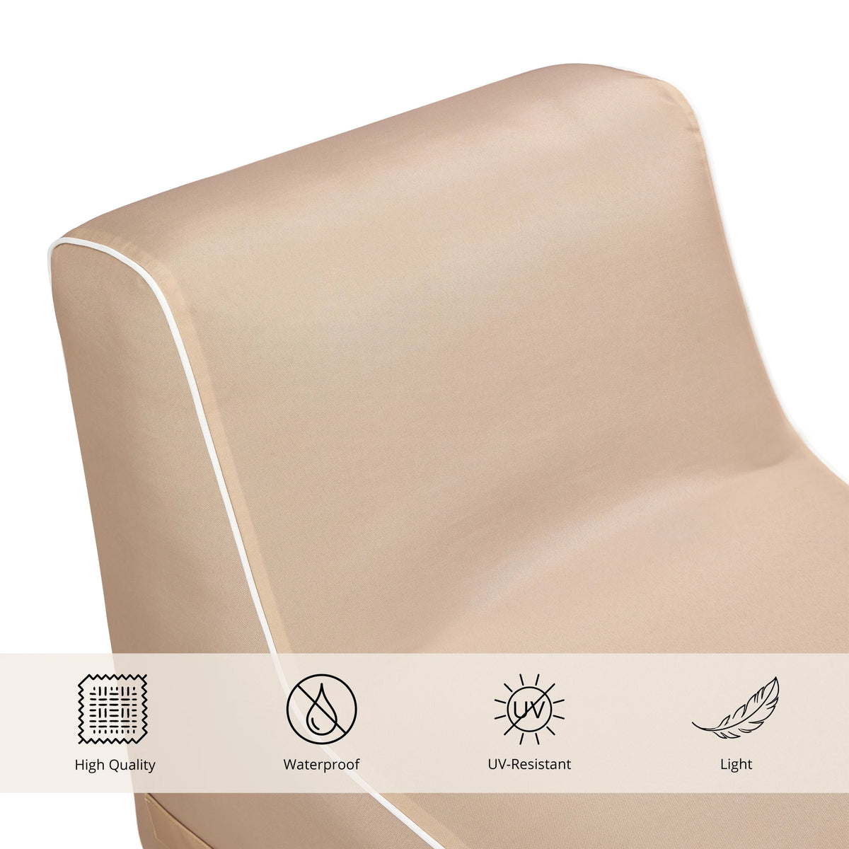 Beige material detail of the Air Sofa Sitzolo Air with symbols for water resistance and UV resistance by hjh LIVING