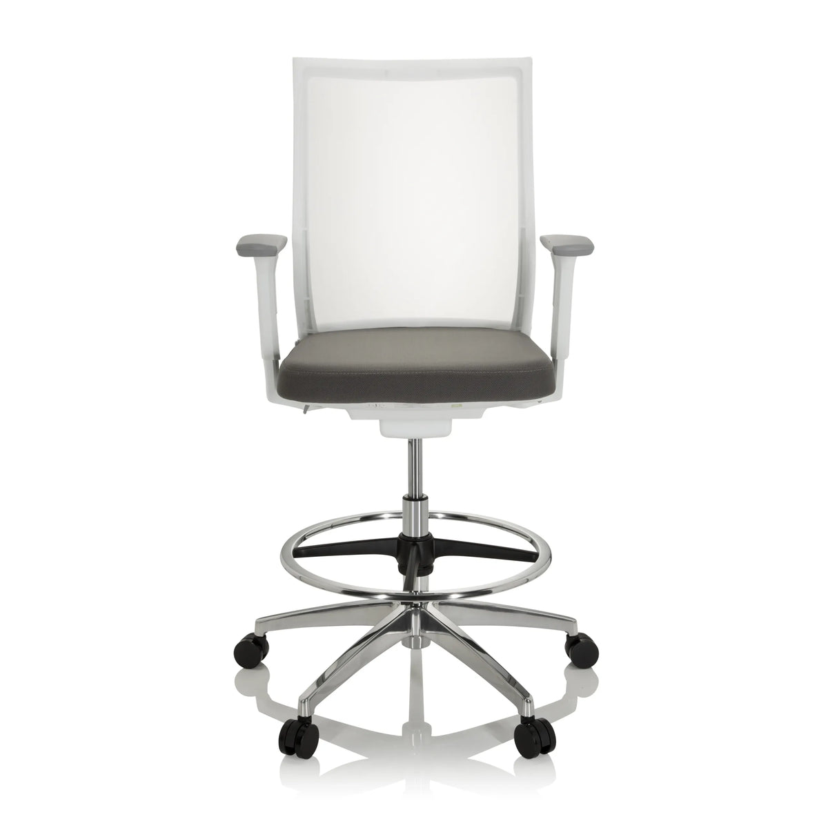 Grey Counter chair ASPEN WORK W with mesh back, foot ring and five-caster base by hjh OFFICE – 360-degree view (front view 0°)