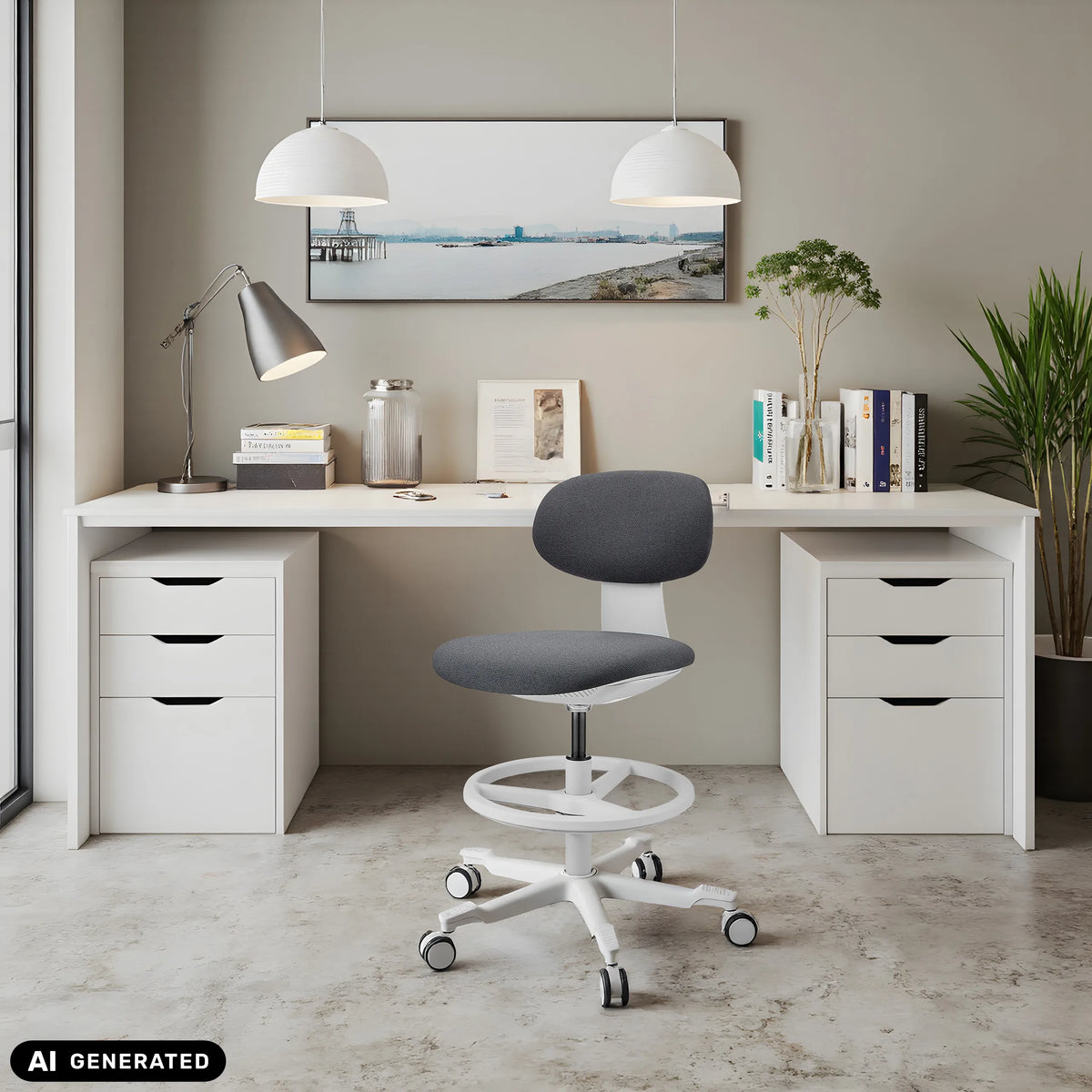 WORK MF2 W work chair in dark grey in front of a white desk by hjh OFFICE (AI-generated image)