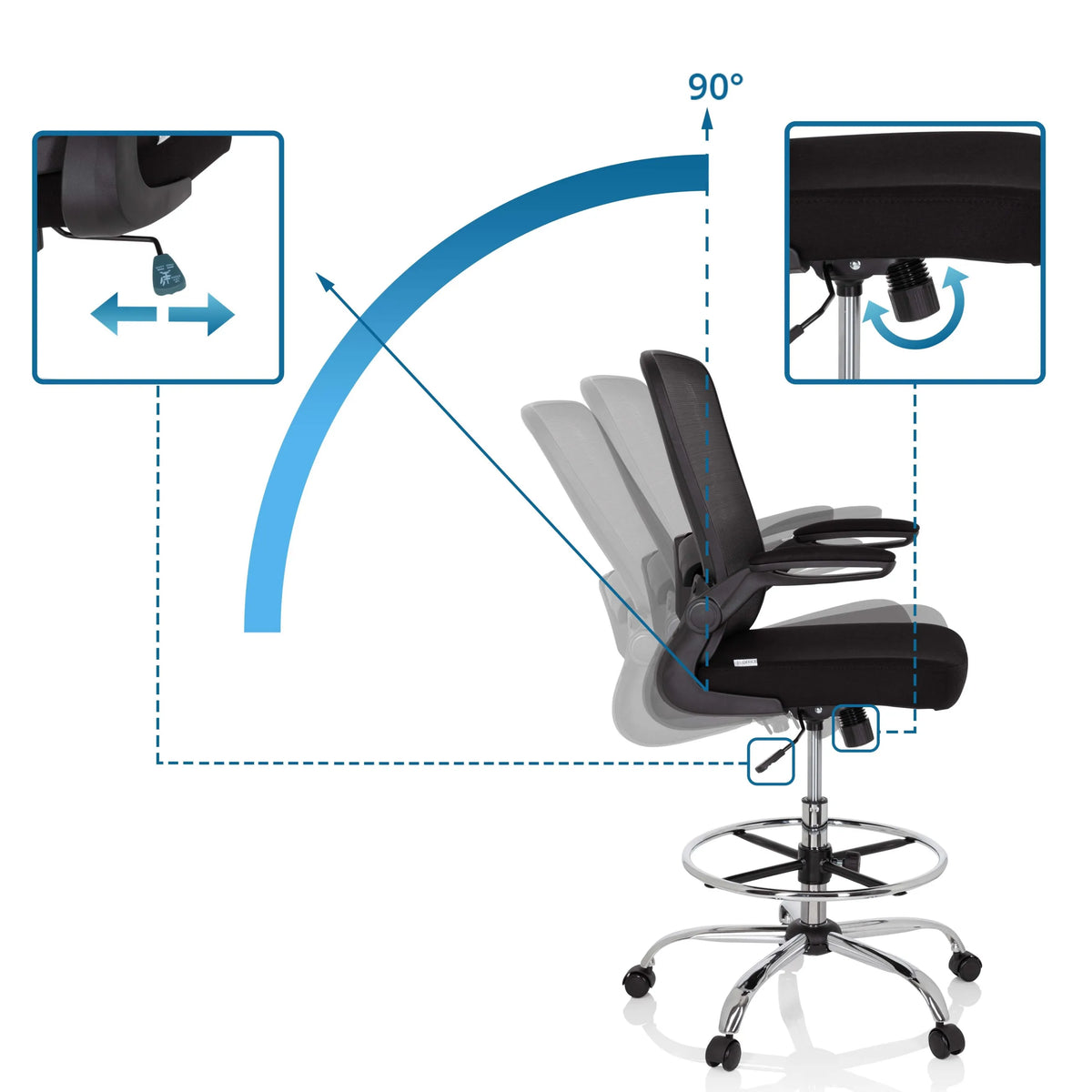 Adjustable backrest with a 90-degree tilt angle of the VENDO WORK counter chair in black by hjh OFFICE