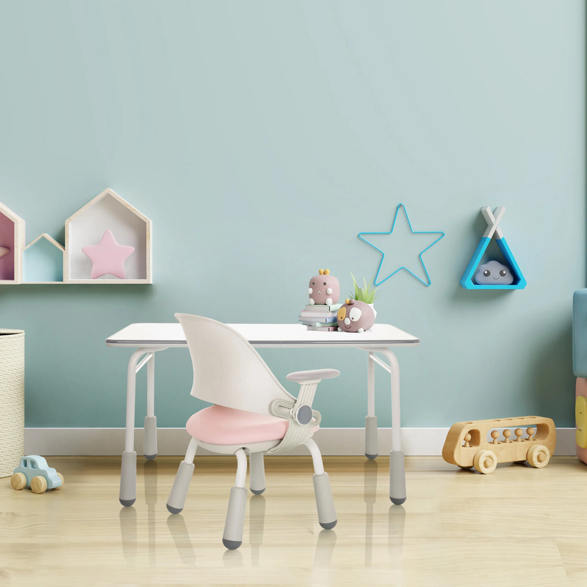 Children's chair KID GRO SET in pink with a white desk in a children's room by hjh OFFICE