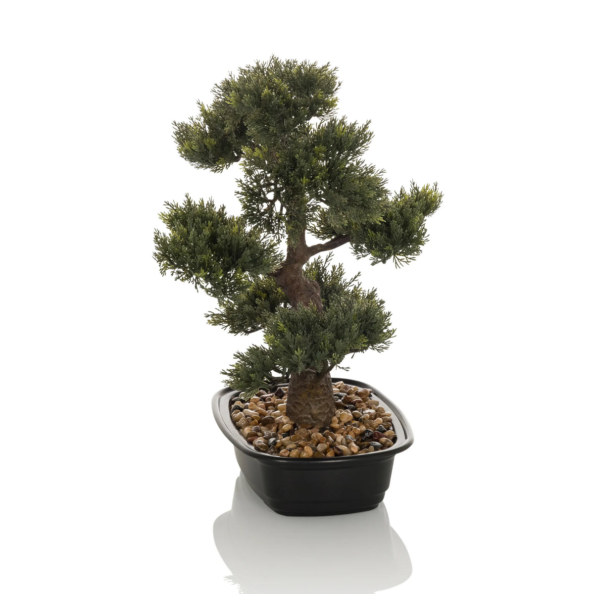 Green Artificial plant BONSAI in the shape of a bonsai in a black pot with pebbles by hjh OFFICE – 360-degree view (front view 0°)