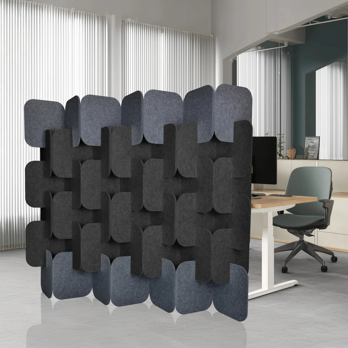 Grey and dark grey partition wall FLEXMIUT PLUG consisting of six elements in a staggered arrangement by hjh OFFICE
