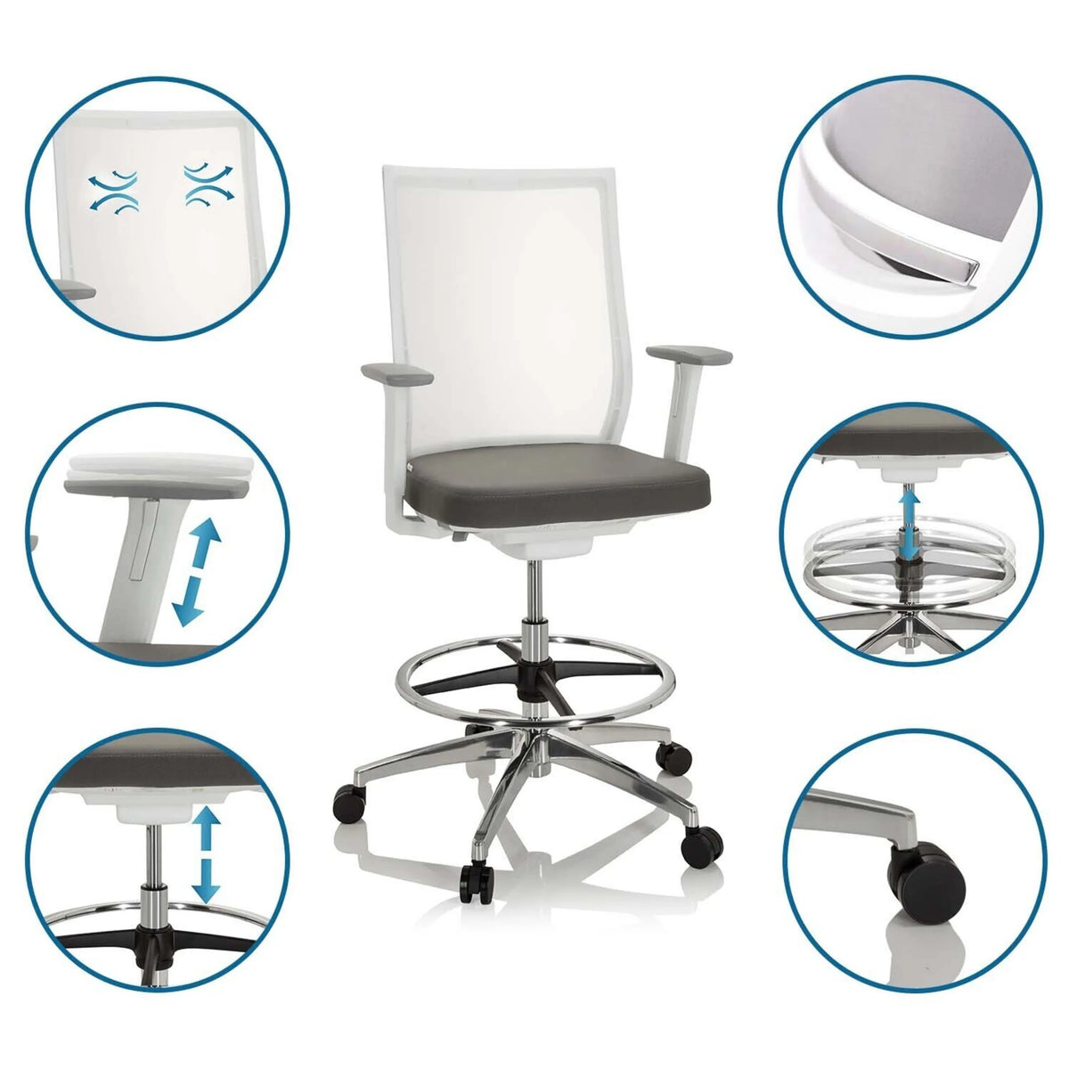 Grey Counter chair ASPEN WORK W with foot ring, castors and breathable backrest by hjh OFFICE