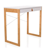 White Office Desk TAROLO II with one drawer, brown leather handle and wooden legs by hjh LIVING – 360-degree view (front three-quarter view 45°)