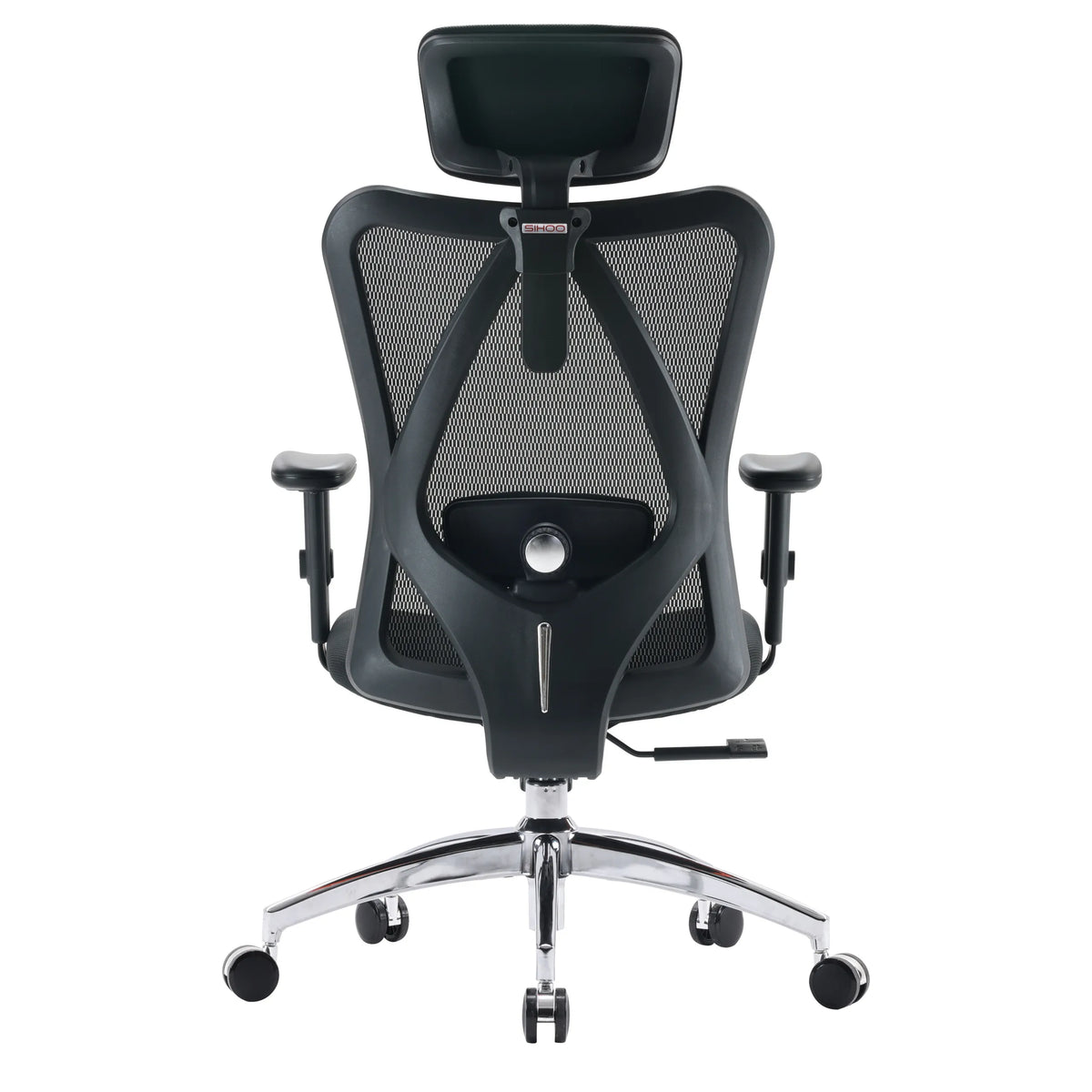 Rear view of the M18-M148 Professional Office Chair in black with mesh backrest, headrest and chrome base by Sihoo