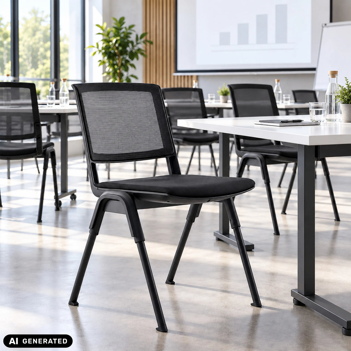 MEET WA guest chair in black with mesh backrest in a meeting room by hjh OFFICE (AI-generated image)