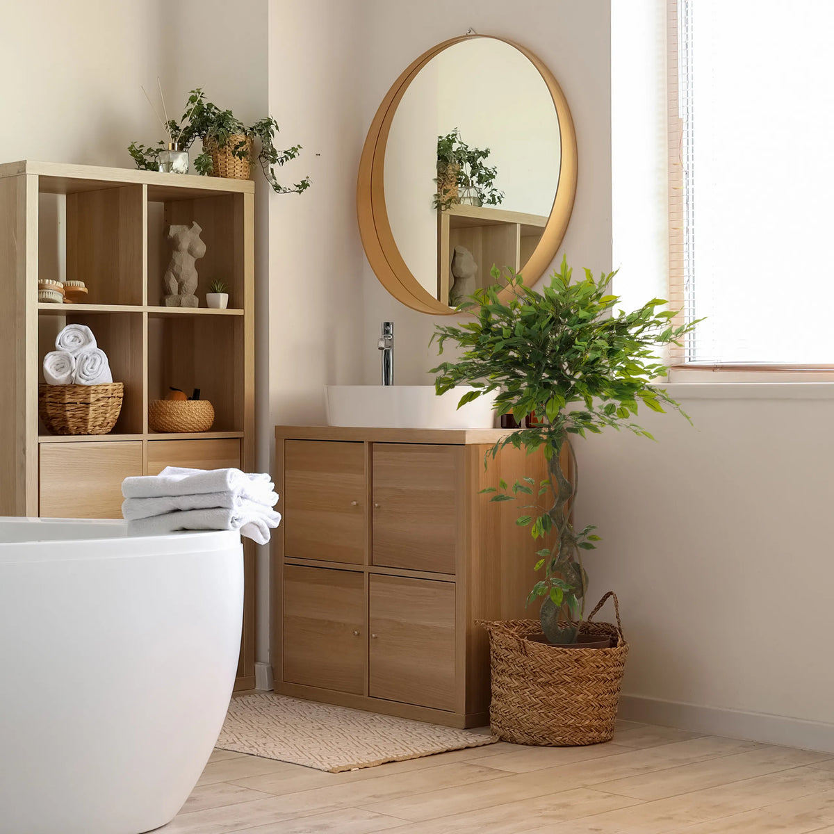 Green artificial plant FICUS I in a woven basket in the bathroom by hjh OFFICE