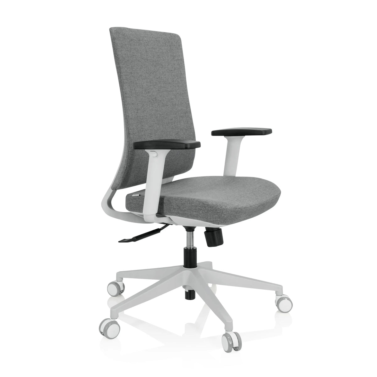 Grey Professional Office Chair COMFIO WP with armrests and a white five-caster base by hjh OFFICE – 360-degree view (front three-quarter view 60°)