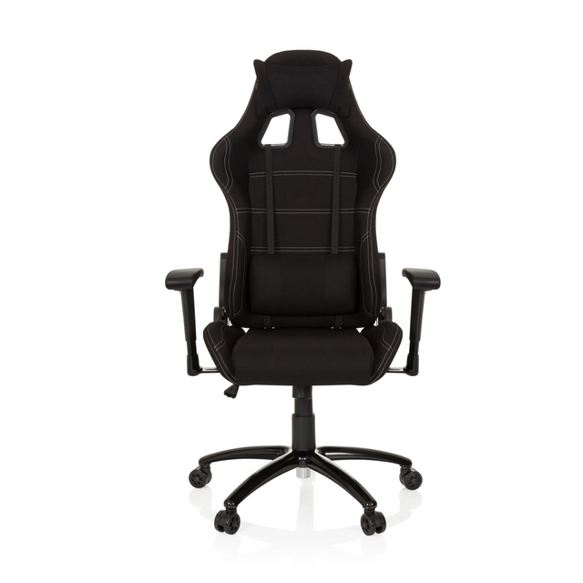 Schwarzer Gamingstuhl GAME FORCE mit Stoffbezug, weißen Ziernähten und Armlehnen von hjh OFFICE
