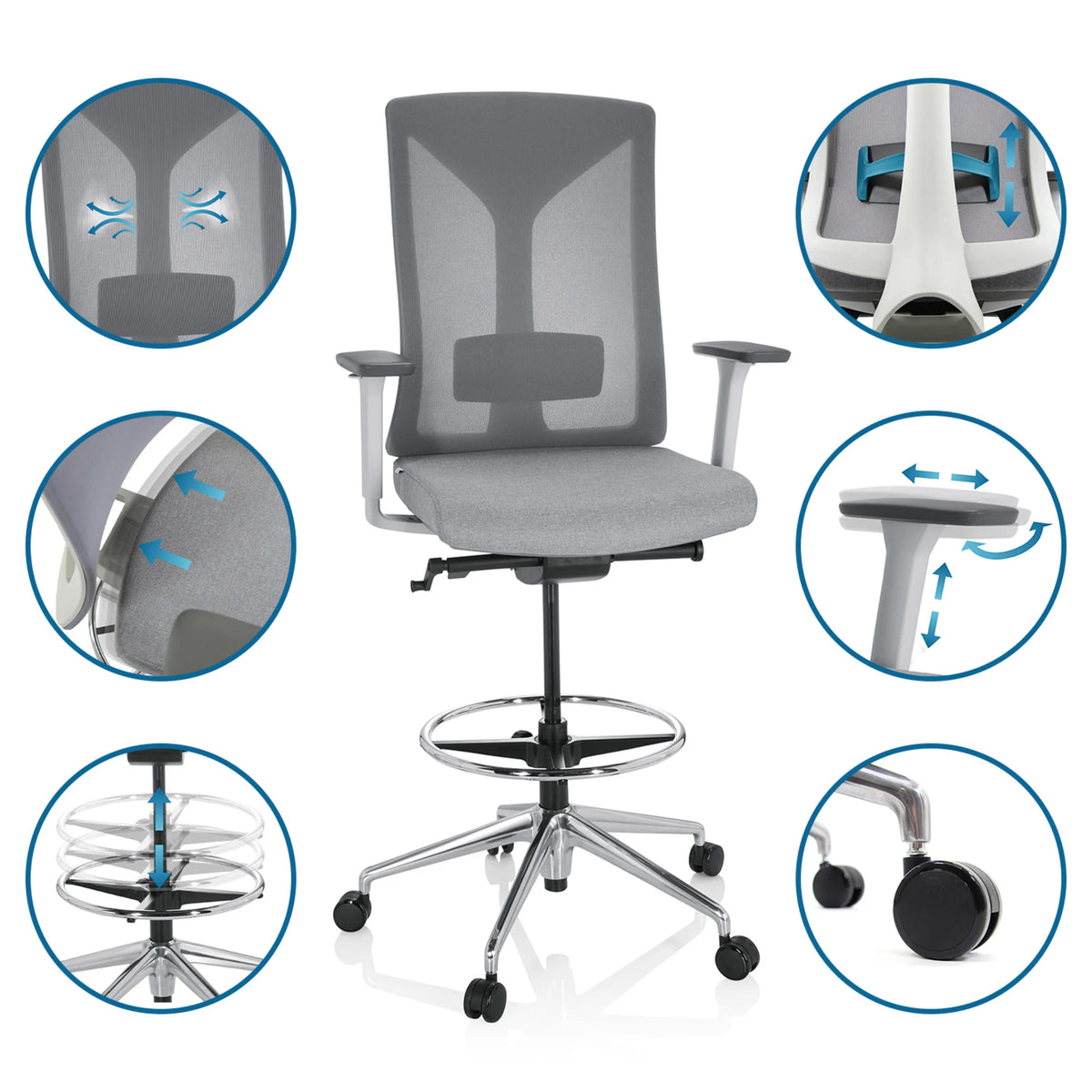 Grey Counter chair HALIFAX WORK with adjustable armrests, footring and castors by hjh OFFICE
