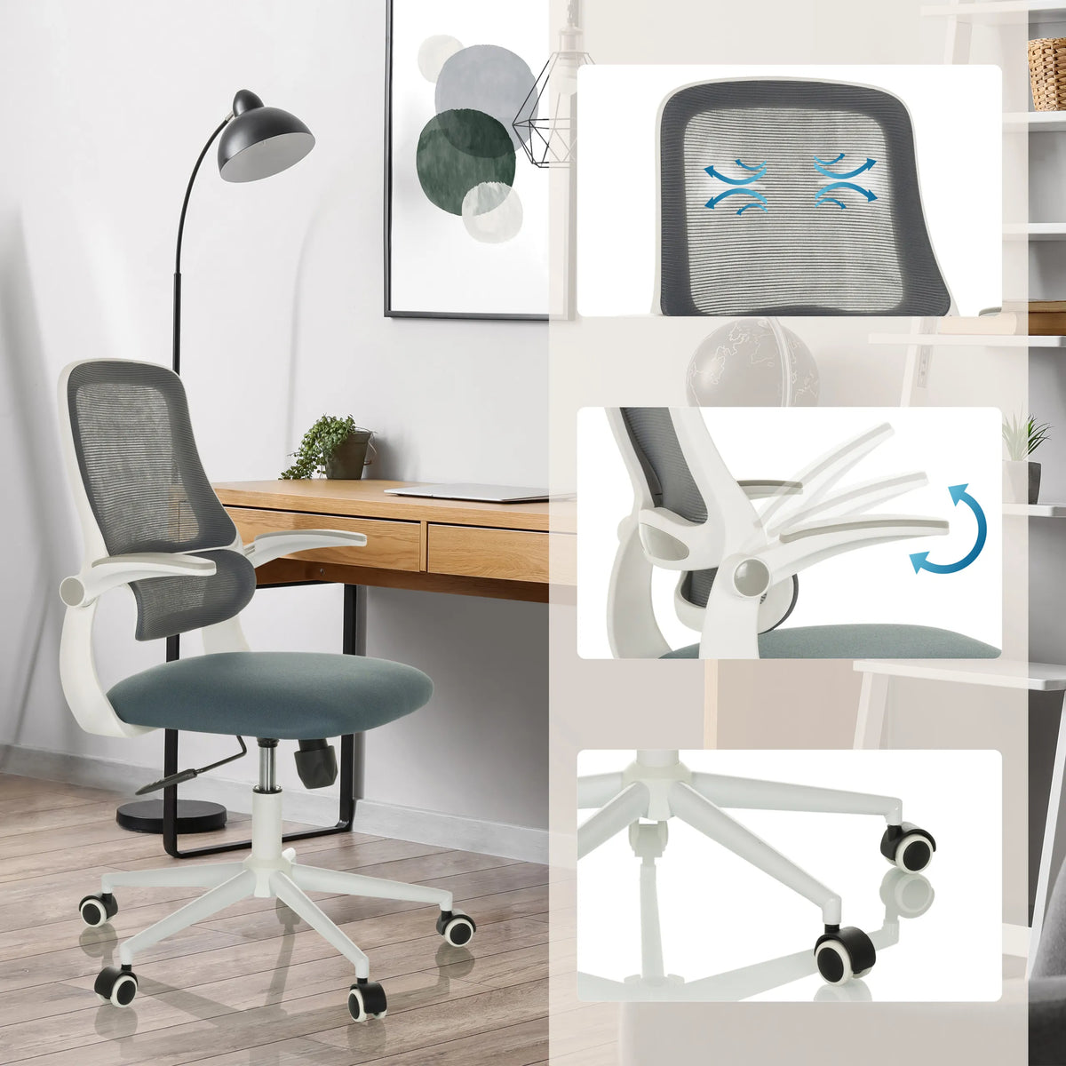 Home Office Chair MIKO W ECO in grey with breathable mesh backrest, adjustable armrests and castors by hjh OFFICE