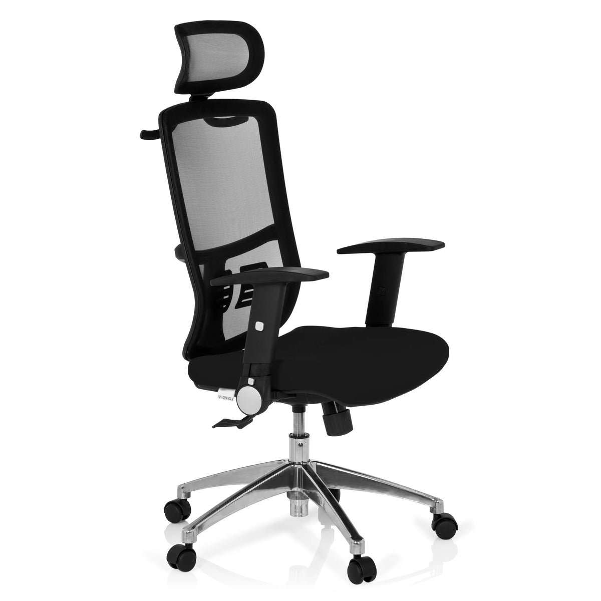 Black Professional Office Chair CAYEN with mesh back, headrest and five-caster base by hjh OFFICE – 360-degree view (front three-quarter view 60°)