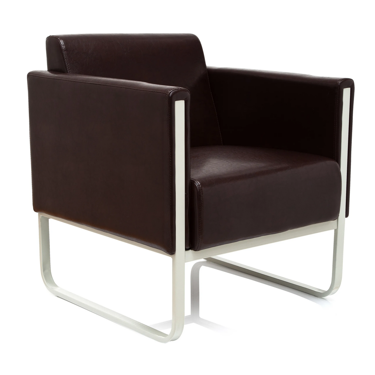Brown upholstered armchair ARUBA with white metal frame by hjh OFFICE – 360-degree view (front three-quarter view 40°)