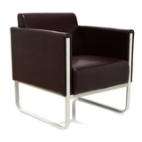 Brown upholstered armchair ARUBA with white metal frame by hjh OFFICE – 360-degree view (front three-quarter view 40°)
