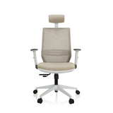 Beige Professional Office Chair PROFONDO PRO W with mesh back, headrest and white five-caster base by hjh OFFICE – 360-degree view (front view 0°)