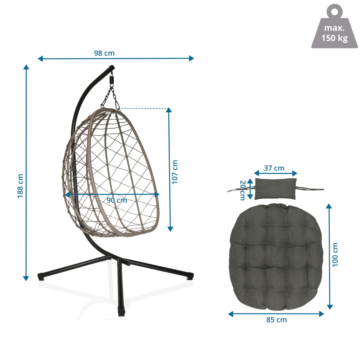 Dimensional drawing of the Hanging chair COCOVA with a height of 188 cm and width of 98 cm by hjh LIVING