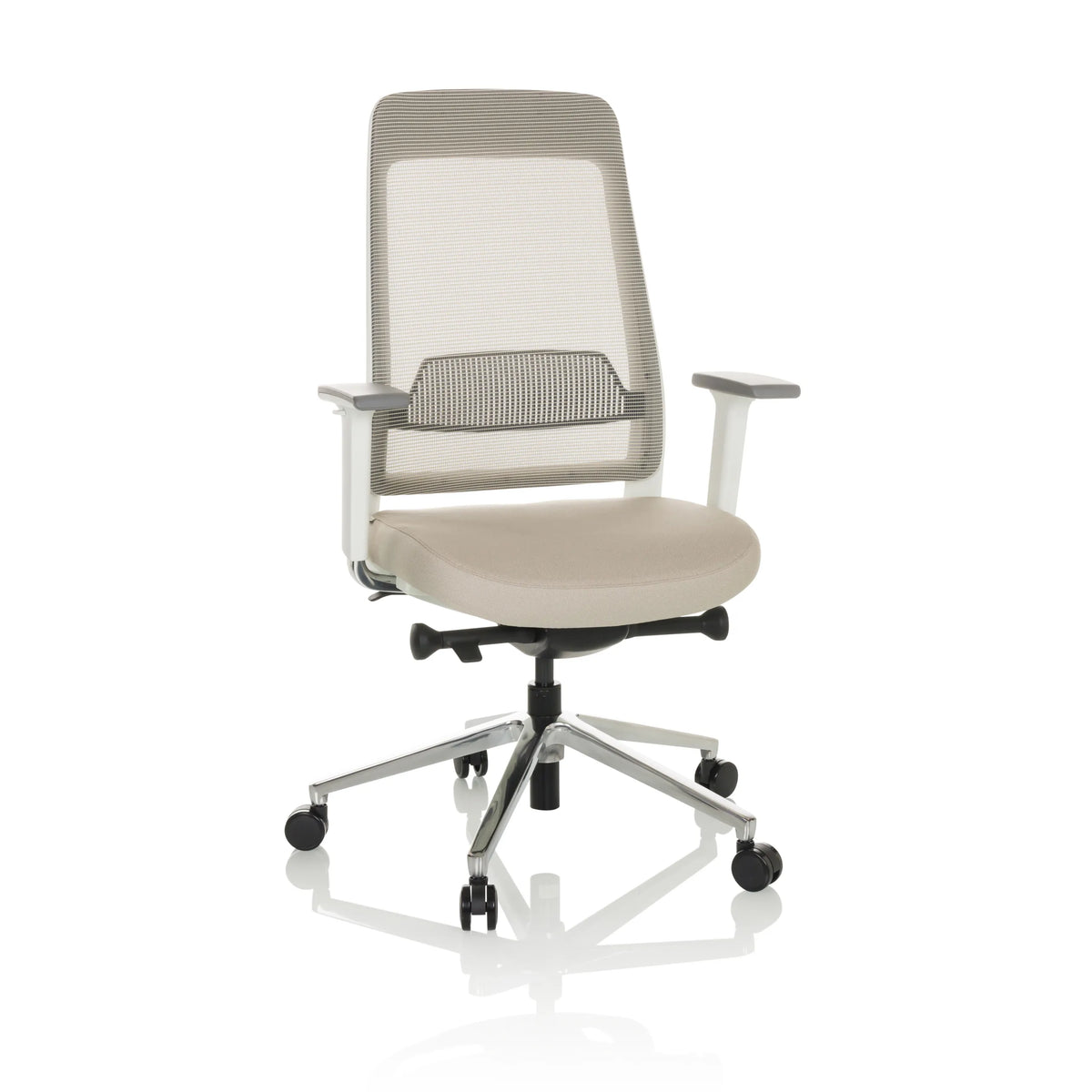 Beige Professional Office Chair CHIARO T2 WHITE with mesh back and silver five-caster base by hjh OFFICE – 360-degree view (front view 15°)