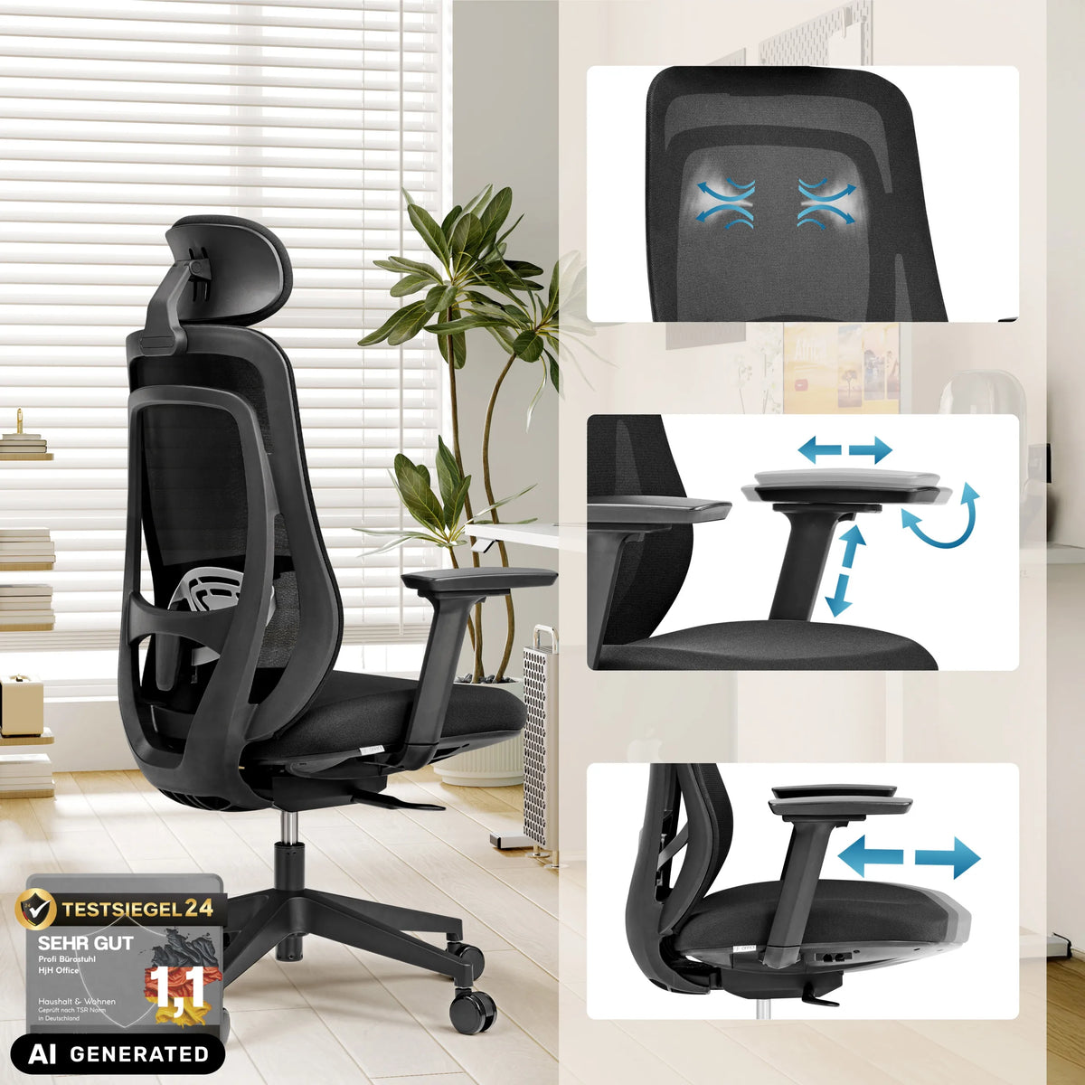 Professional Office Chair Vivadapt with adjustable headrest and 3D armrests by hjh OFFICE (AI-generated image)