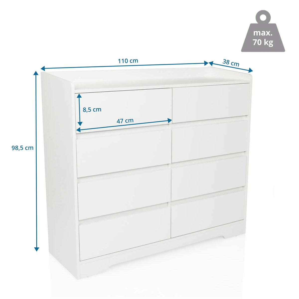 Dimensional drawing of the Chest of drawers OSOYRO with 110 × 98.5 cm and a load capacity of 70 kg by hjh LIVING