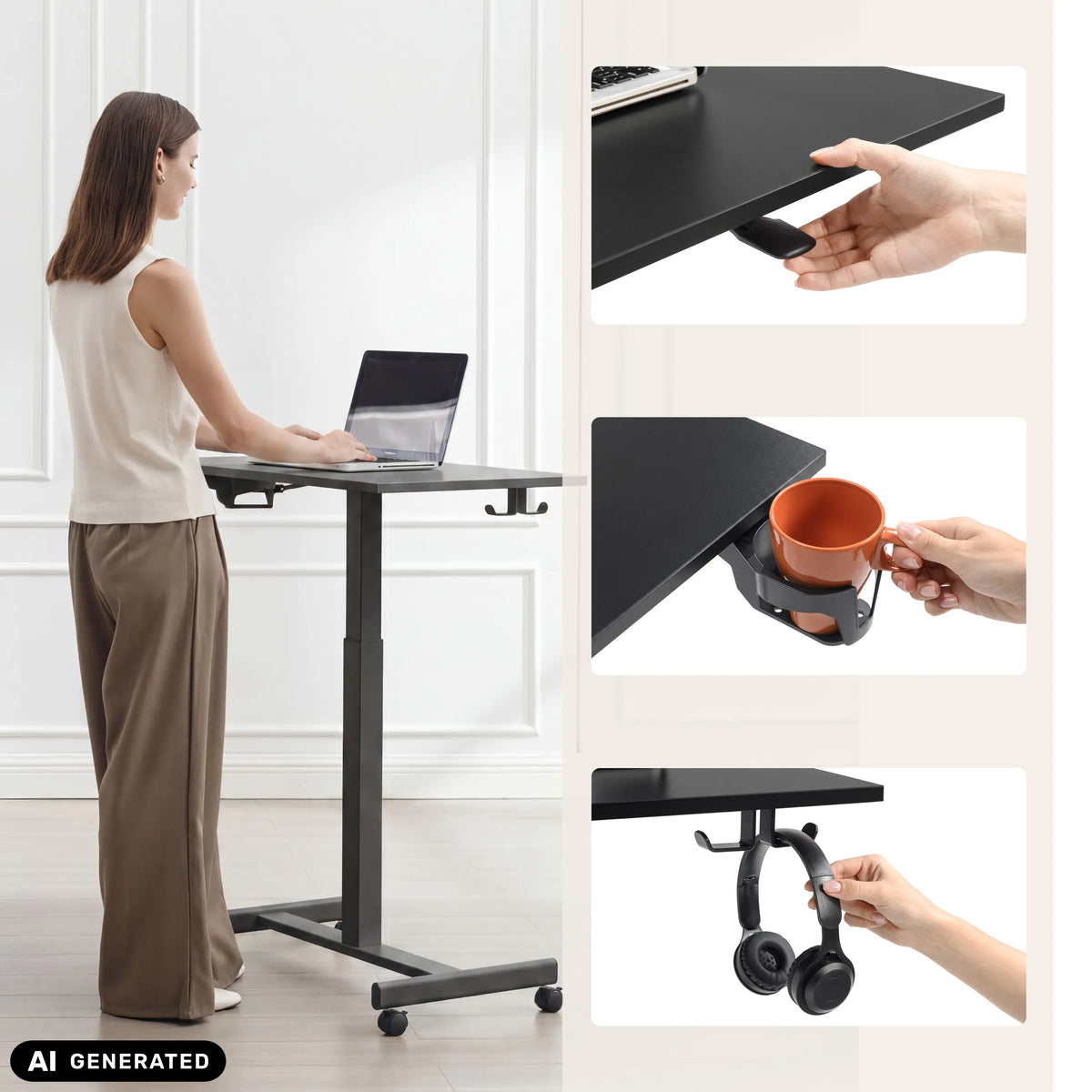 Black Stand K standing desk with cup holder and headphone hook by hjh OFFICE (AI-generated image)