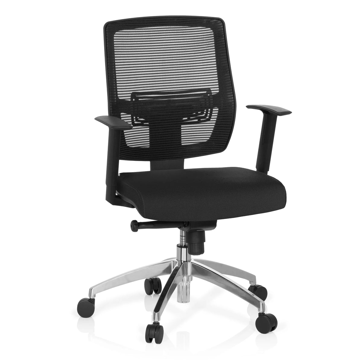 Black Professional Office Chair NET 90 with mesh back and five-caster base by hjh OFFICE – 360-degree view (front view 20°)