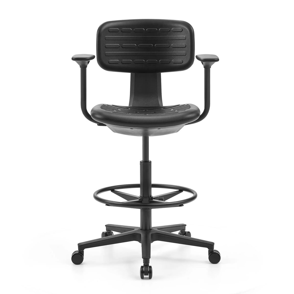 Black Counter chair TOP WORK B1 with foot ring and five-caster base by hjh OFFICE – 360-degree view (front view 0°)