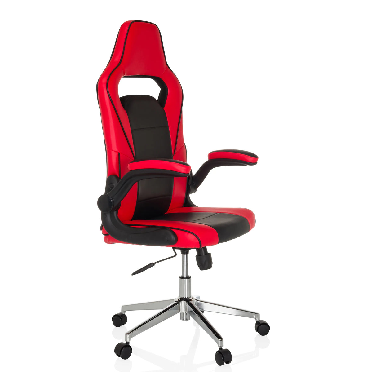 Red and black Gaming chair GAME SPORT PRO with armrests and five-caster base by MyBuero – 360-degree view (front three-quarter view 45°)