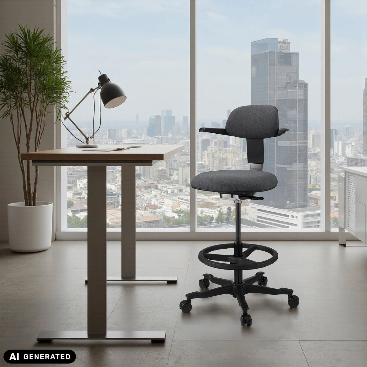 Dark grey TOP WORK 40 work chair with foot ring and castors in front of a window by hjh OFFICE (AI-generated image)