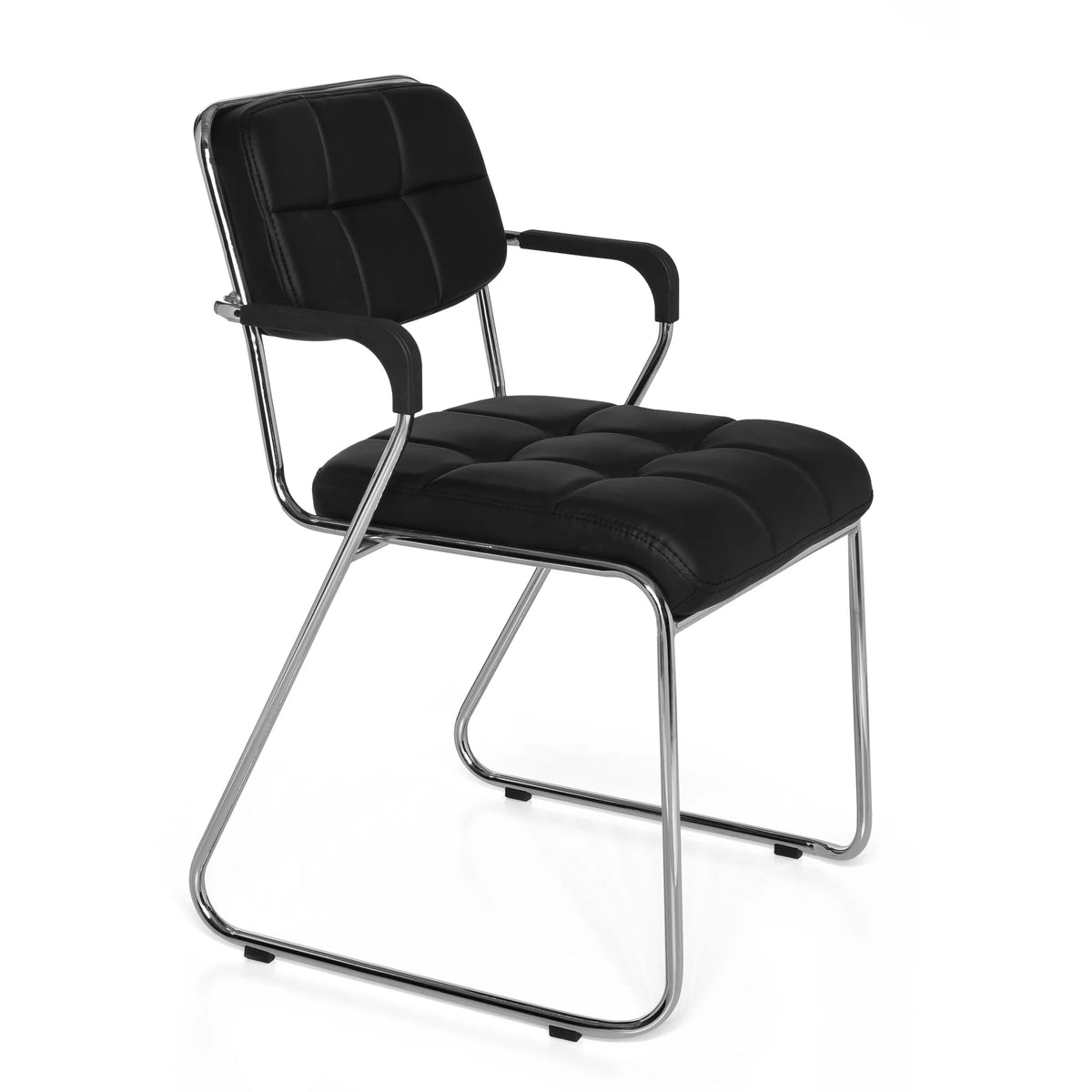 Black guest chair ZANTA with square stitching and chrome frame by hjh OFFICE – 360-degree view (front three-quarter view 60°)