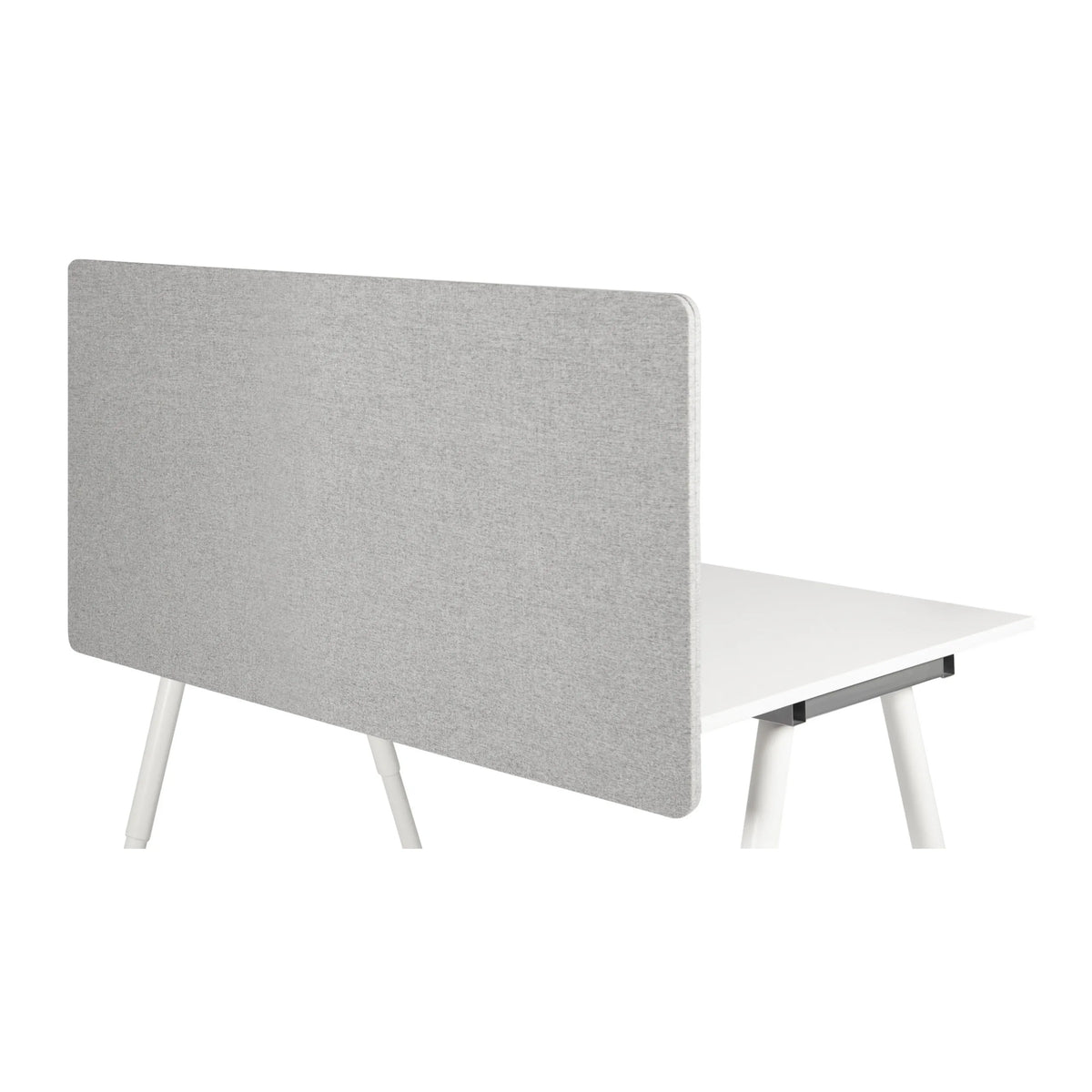 Light grey heather table partition FLEXMIUT D 120 on a white desk by hjh OFFICE – 360-degree view (rear view 180°)