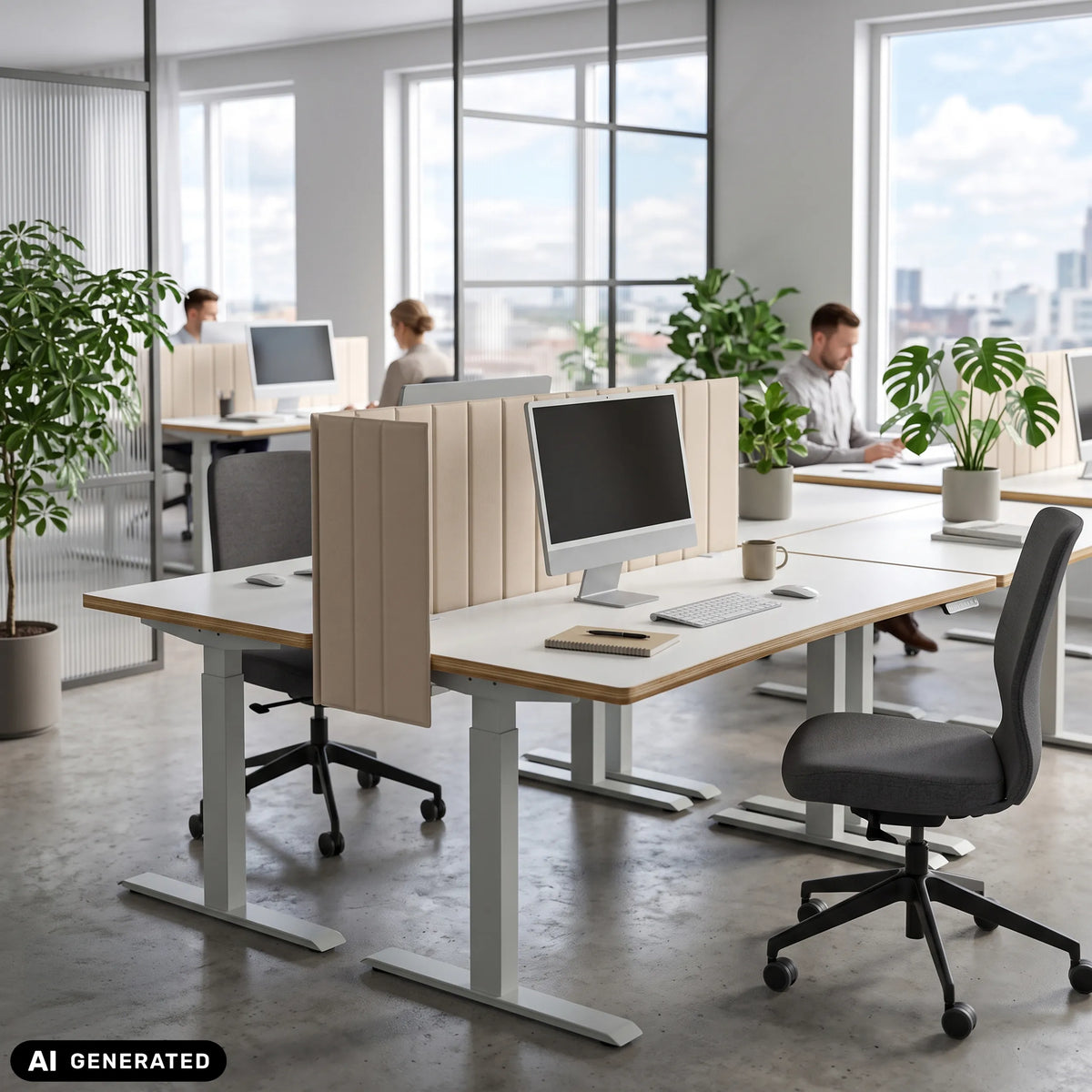 Beige FLEXMIUT ROLL table partitions with a width of 160 cm on a white desk by hjh OFFICE