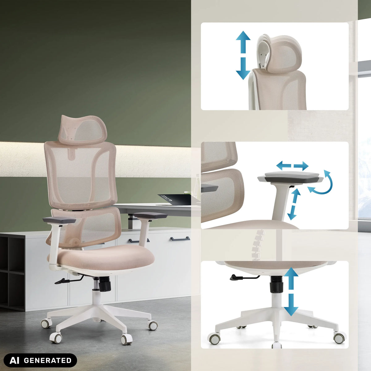 Adjustable headrest, armrests and seat height of the ERGOMY W Professional Office Chair in beige by MyBuero (AI-generated image)